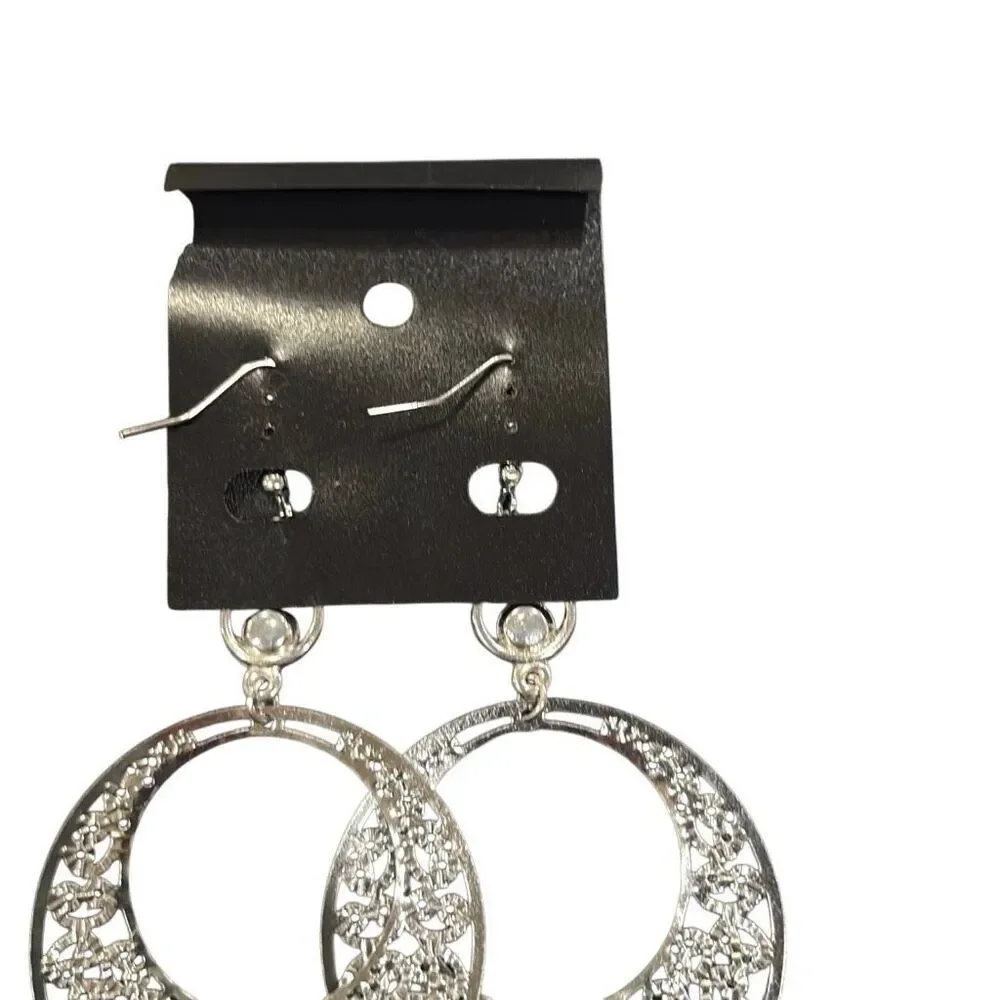Silver Tone Half Moon Filigree‎ Blue Beaded Long Earrings Chain Fringe Boho NWT